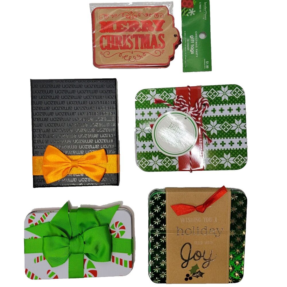 Christmas Gift Card 3 Tin Holders & 1 Cardboard (Set of 4) With 10 CT Gift Tags